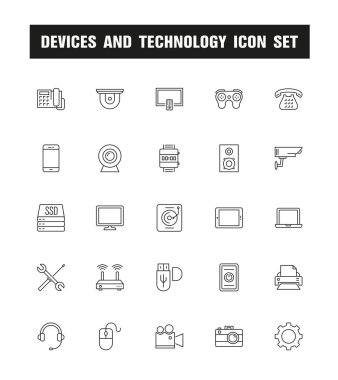 Cihazlar ve teknoloji hattı Icon Set, vektör çizim 