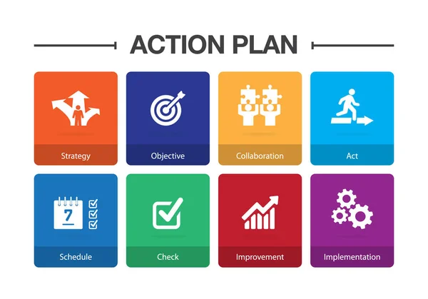 Plan de acción Juego de iconos infográficos — Vector de stock