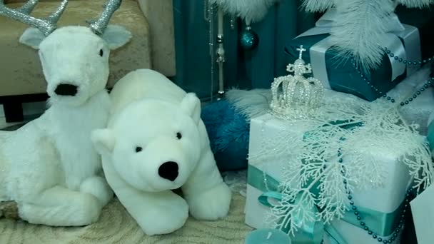 White bears. Presents under decorated Christmas tree. Royalty Free Stock Video