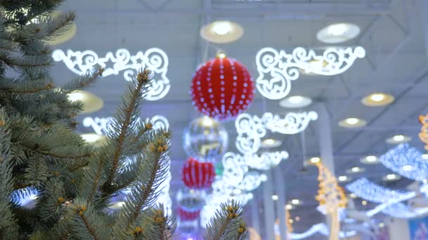 christmas tree is decorated in a shopping center holiday decorations big balls - Christmas Decoration Video christmas tree is decorated in a shopping center holiday decorations big balls - Christmas Decoration Video