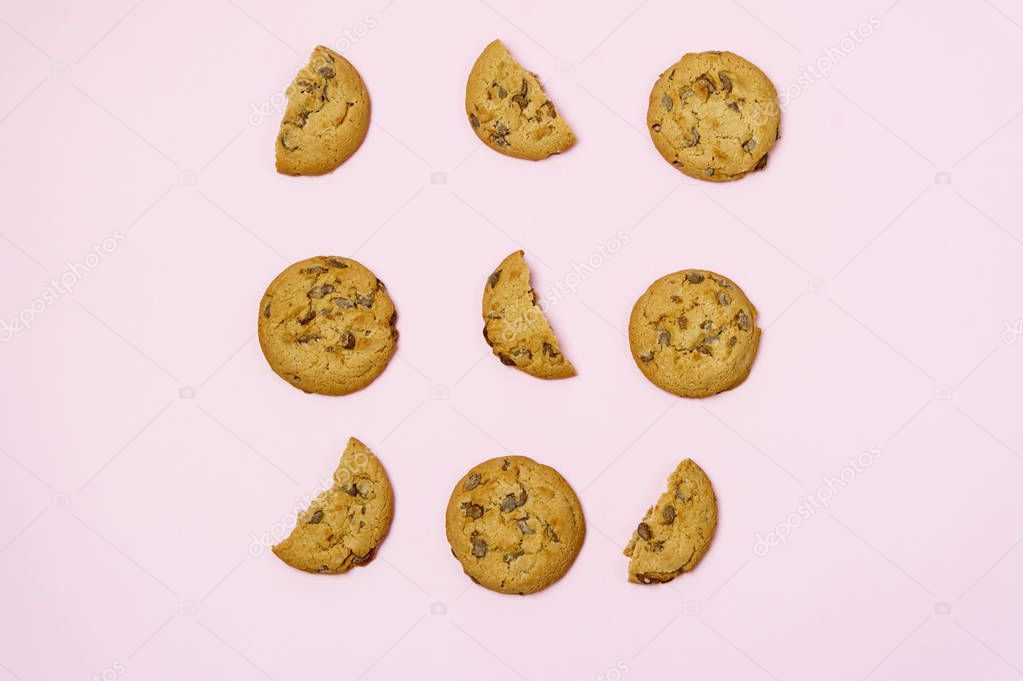 Traditional Chocolate Chip Cookies on Pink Background Long View Top Long Tasty Cookies