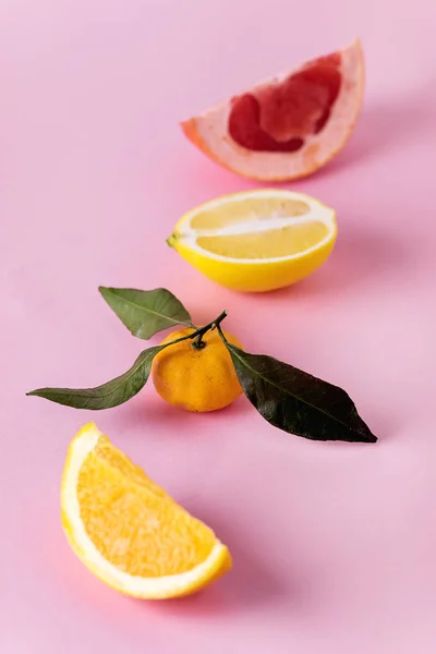 레몬 그레이 프루트와 귤 조각을 분홍색 배경에 놓고 선택 한 초점에 얹은 감귤 조각들 — 스톡 사진