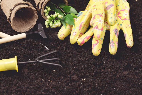 Фон Инструменты сада Маленькие горшки Желтые перчатки садовые лопаты грабли на почве Горизонтальное садоводство летом или весной Концепция
