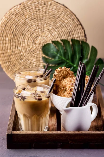 Two Glass of Tasty Cold Coffee on Wooden Tray Refreshing Cold Summer Drink