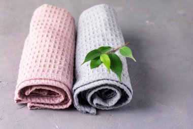 İki Havlu Gri Arkaplan Pembesi ve Gri Havlular Yatay Kopyalama Uzayı