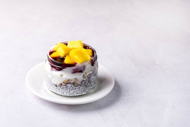 Mangolu Hindistancevizli Chia Pudingi ve Çilekli Chia Chia Tohumu Sağlıklı Vejetaryen Tatlısı Kopya Uzay Süper Yiyeceği