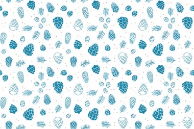 Köknar kozalakları ve dallarla kusursuz desen. Beyaz arkaplanda mavi çizimler.