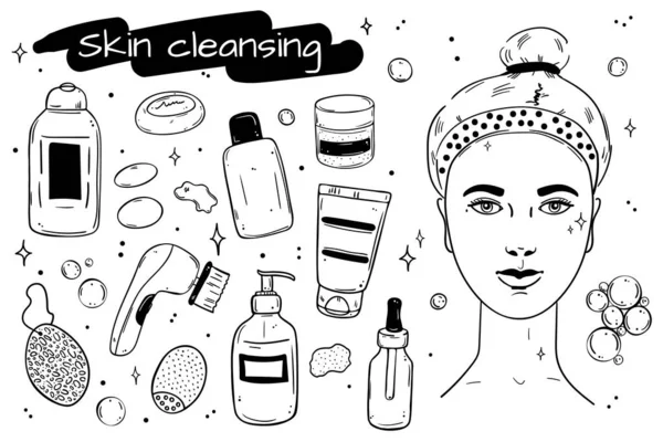 A collection of facial cleansers. Black outline objects isolated on white background.