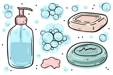 Bars of solid soap and liquid soap in a bottle with a dispenser.