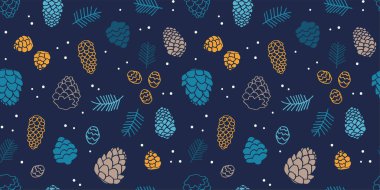 Seamless pattern of fir cones and branches on a dark blue background.