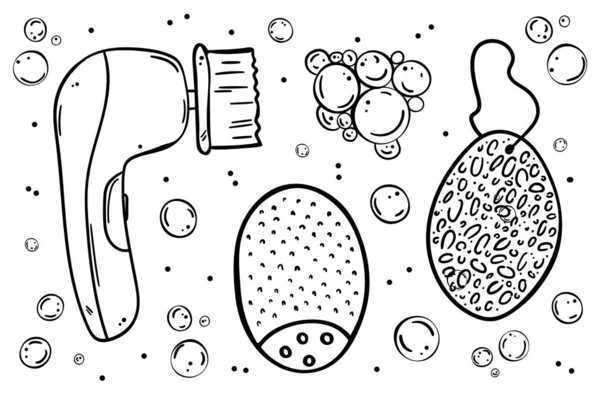 A set of brushes for washing. Black outline objects on white background.