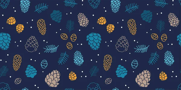 Seamless pattern of fir cones and branches on a dark blue background.