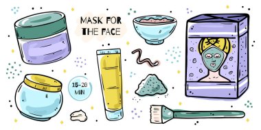 Çeşitli yüz maskeleri. Beyaz arkaplanda renk çizimi.