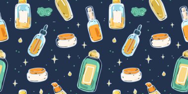 Farklı türde cilt bakım ürünlerinin resimleriyle kusursuz desen.