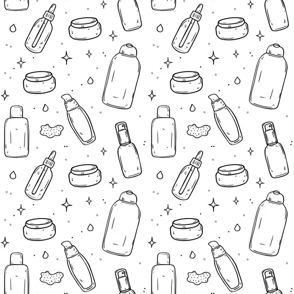 Seamless Pattern Illustrations Different Types Skin Care Products Black Outline — Stock Vector