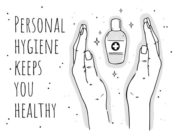 Иллюстрация руки и дезинфицирующее средство для карманов. Призыв к использованию дезинфицирующего геля. Монохромное изображение на белом фоне
.