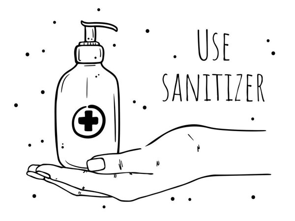 Иллюстрация лежащего на ладони дезинфицирующего средства. Призыв к использованию дезинфицирующего геля. Монохромное изображение на белом фоне
.