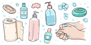 A set of items for disinfection. Hand washing, sanitizer, disposable towels, soap for the prevention of viral infections. Color images on a white background. clipart