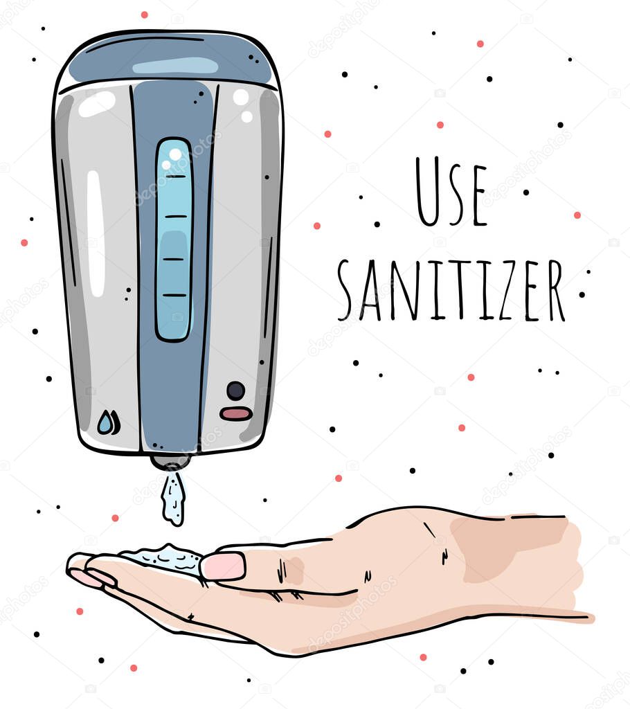 Illustration of a hand uses a sanitizer. Call for the use of a disinfecting gel. Color image on a white background.