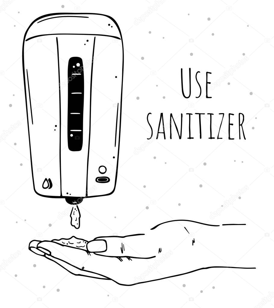 Illustration of a hand uses a sanitizer. Call for the use of a disinfecting gel. Monochrome image on a white background.