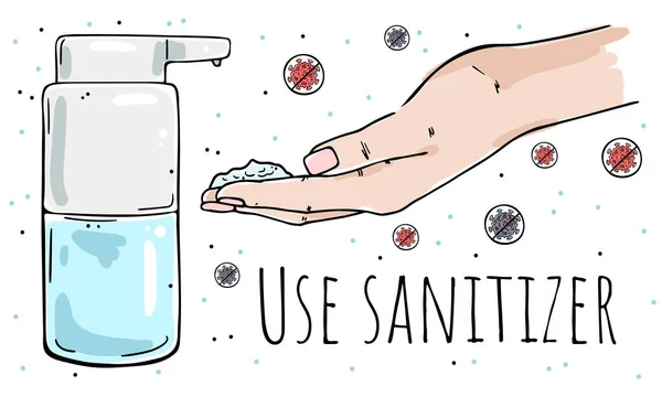 Illustrazione Una Mano Usa Igienizzante Chiedere Uso Gel Disinfettante Immagine — Vettoriale Stock