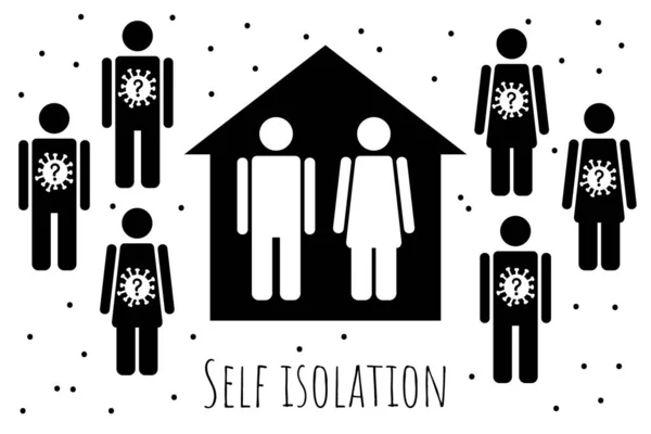 A simple illustration of people at home in self-isolation. Around the possible carriers of the virus. Black doodle on a white background.