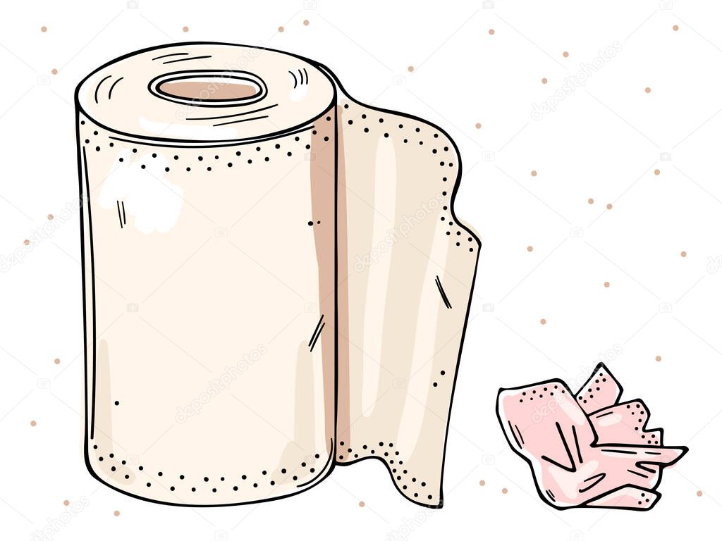 Illustration of a roll of paper towels and a used napkin. Color image on a white background.