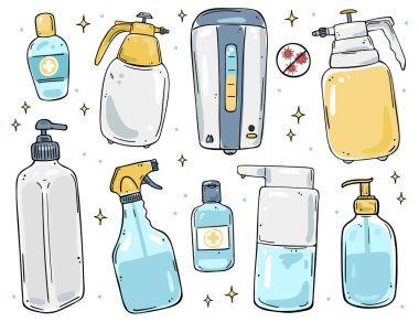 Illustration set of dispensers, sprays and bottles for soap and disinfectant gel. Color image on a white background. clipart