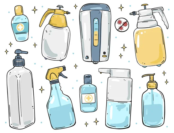 Illustrationsset Von Spender Sprays Und Flaschen Für Seife Und Desinfektionsgel — Stockvektor