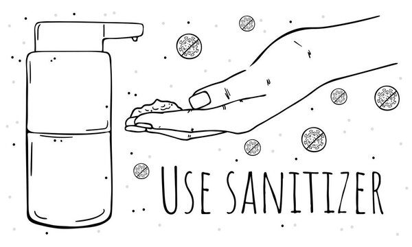 Иллюстрация руки использует дезинфицирующее средство. Призыв к использованию дезинфицирующего геля. Монохромное изображение на белом фоне
.