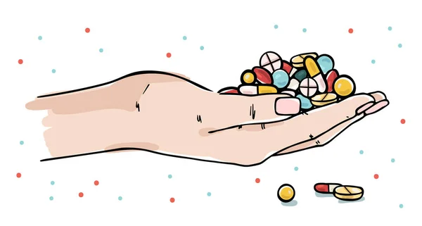 Illustration av en handflata med en handfull medicinska piller. — Stock vektor
