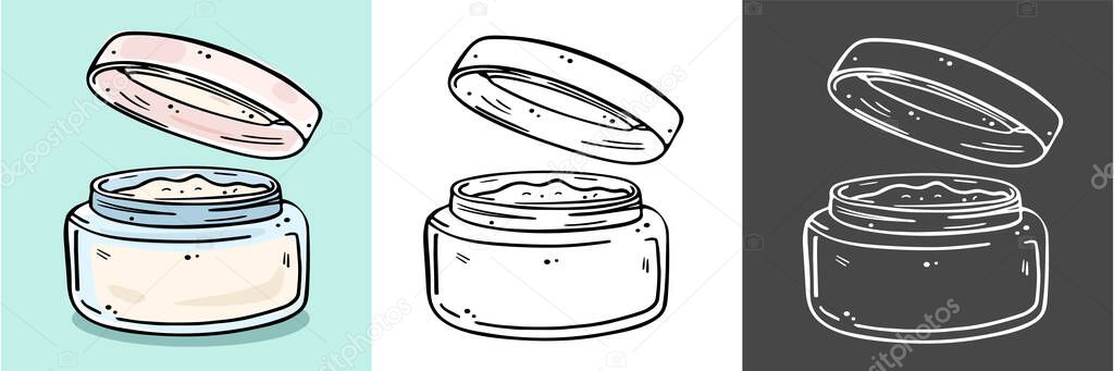 Jar for cosmetics with a screwed-off lid. Suitable for face cream.
