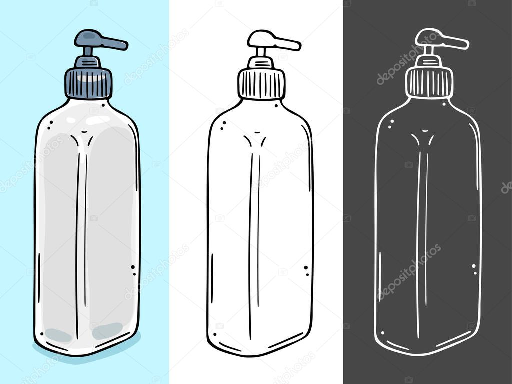 Dispenser for cosmetics. Suitable for sanitizer, liquid soap, shower gel. Three color schemes.