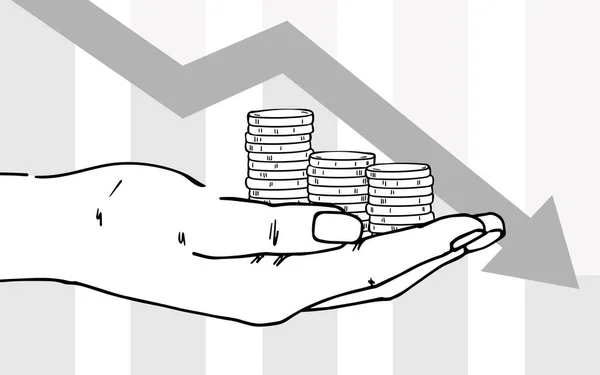 Mão Segura Pilhas Moedas Fundo Seta Vermelha Move Para Baixo —  Vetores de Stock