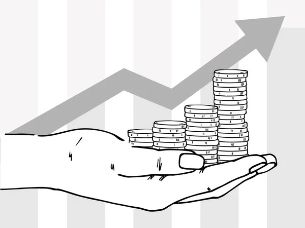 Palma Com Pilhas Moedas Fundo Seta Sobe Representa Crescimento Lucro —  Vetores de Stock