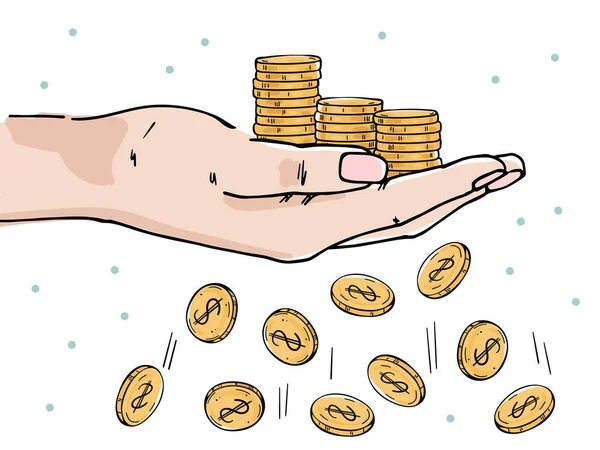 Χέρι Κρατά Στοίβες Νομισμάτων Χάνω Νομίσματα Απεικονίζει Οικονομικές Απώλειες Μειωμένο — Διανυσματικό Αρχείο