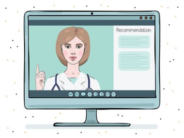 Bir bayan doktor online danışmanlık seansı düzenliyor. Monitörde teletıp.