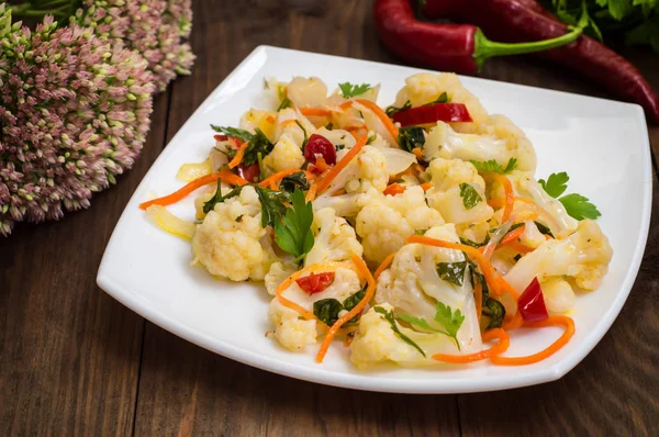 Korean salad of cabbage, carrots, sweet peppers - kimchi. Top view, copy space. — Stock Image Korean salad of cabbage, carrots, sweet peppers - kimchi. Top view, copy space. Royalty Free Stock Images