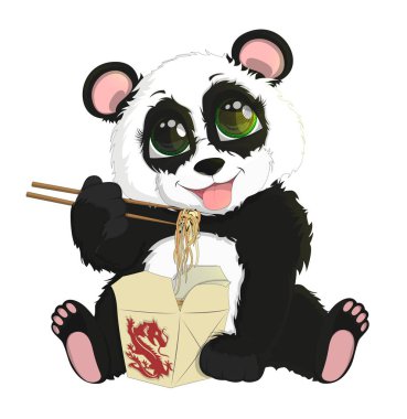Şirin komik bebek panda Çin noodle yemek. Beyaz arka plan