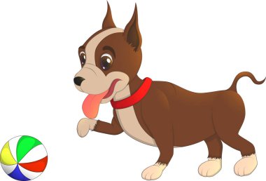 Çizgi film karakteri bulldog köpek yavrusu ile bir top, vektör çizim oynarken