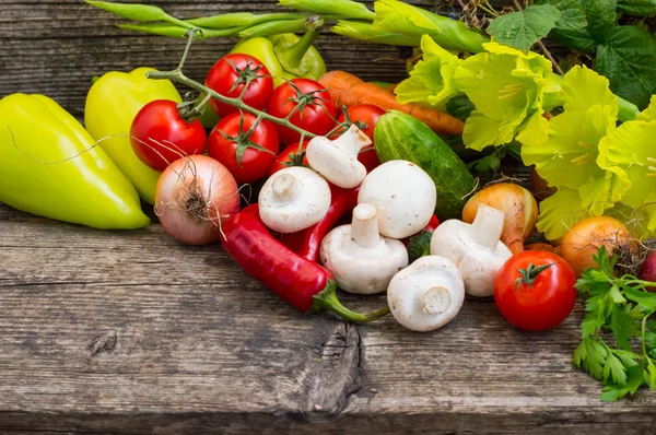 Conjunto de legumes em um fundo de madeira. Close-up — Fotografia de Stock