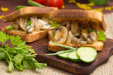 Kızarmış yağlı mantar ve arka plan rengi üzerinde sebze ile tost. Yakın çekim