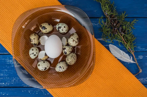 Kuře a Křepelčí vejce na tmavé průhledné desky. Pohled shora — Stock fotografie