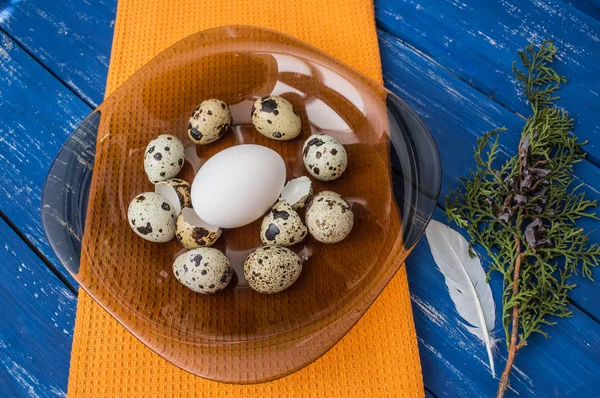 Huevos de pollo y codorniz en un plato transparente oscuro. Vista superior — Foto de Stock