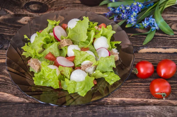 Salada de alface, rabanetes, biscoitos finos, tomate e queijo em uma chapa circular escura transparente. Mesa de madeira — Fotografia de Stock