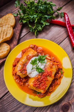 Akşam yemeği domates soslu lahana rulo ile dekore edilmiş maydanoz. Ahşap rustik arka plan. Üstten Görünüm. Yakın çekim