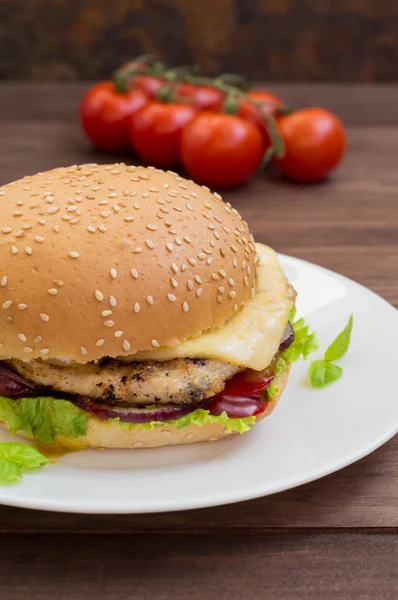 Burger of homemade close up on wooden background. Top view. - — Stock Photo, Image