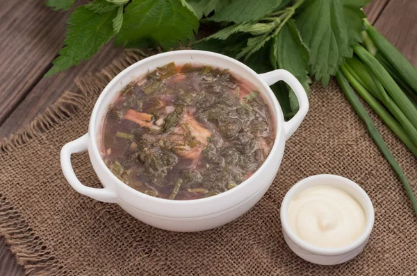 Borsch from a nettle on wooden table. Top view — Stock Image Borsch from a nettle on wooden table. Top view Stock Photo