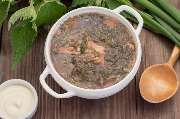Borsch from a nettle on wooden table. Top view — Stock Image Borsch from a nettle on wooden table. Top view Stock Picture