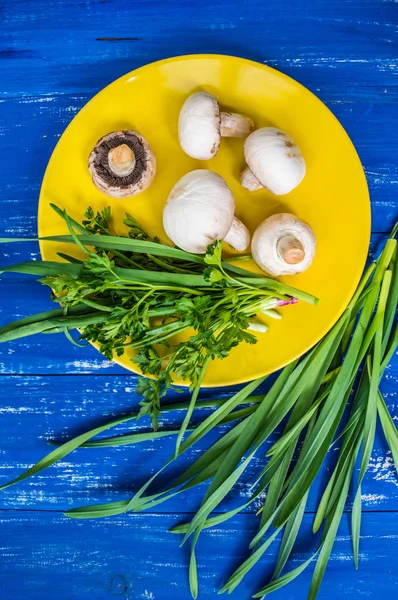 Champignons met kruiden op een gele plaat. Bovenaanzicht — Stockfoto